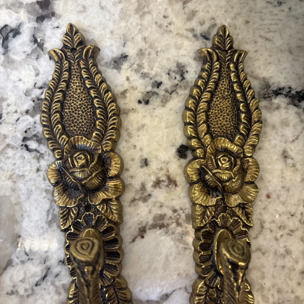 6 Vintage Ornate Brass? Drop Pull Handle Art Nouveau Rose Leaf Westbrook NOS